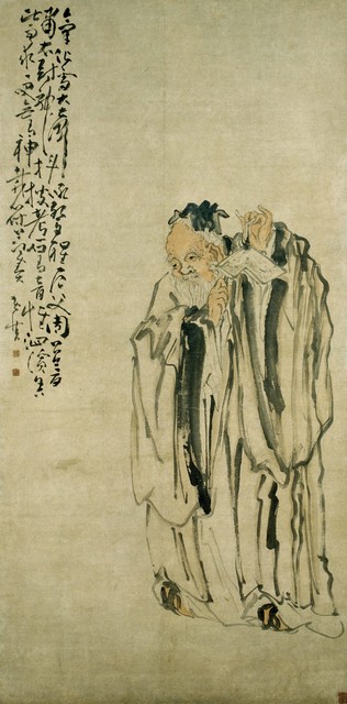 黄慎  老叟击磬图 纵一七五厘米 ，横八七·四厘米   清 轴    纸本    设色 