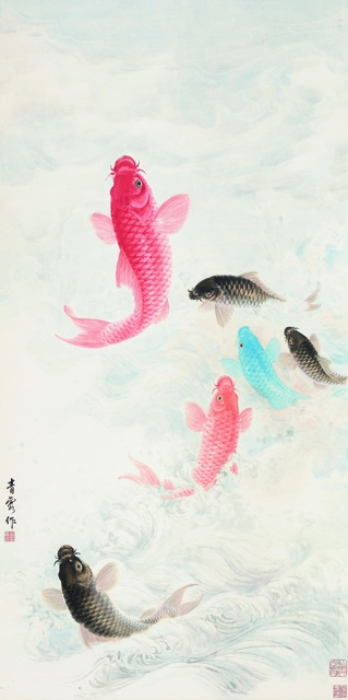 鱼跃    吴青霞    纸本设色    135 cm×68 cm    1963年    上海中国画院藏