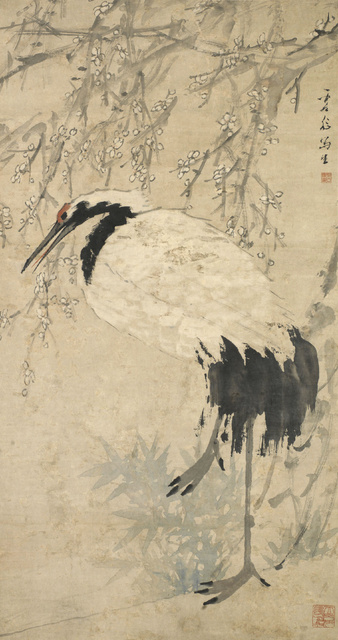 清 虚谷 梅鹤图轴 142.5×75cm