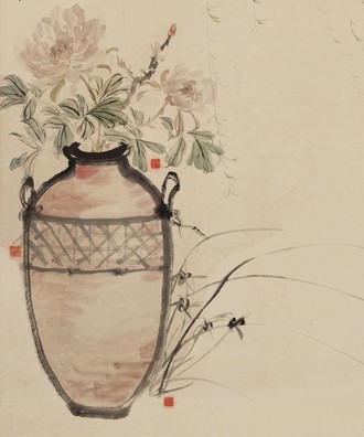 2.何香凝、陈树人、经亨颐、方介堪 牡丹兰柳 130.5×68.7 cm 纸本设色 1929年 天津博物馆藏